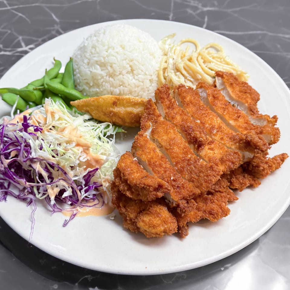 Crispy fried chicken katsu, white rice, edamame, cabbage salad, and pasta on a white plate.